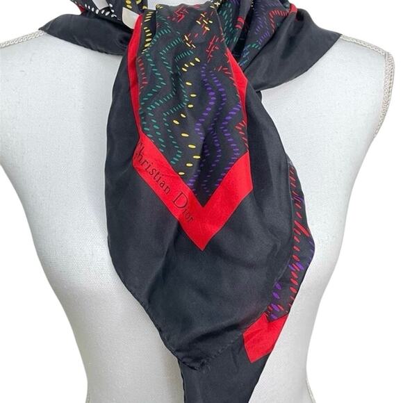 Vintage 80s Christian Dior 100% Silk Black Red Abstract Plaid 30" Square Scarf - Picture 2 of 10